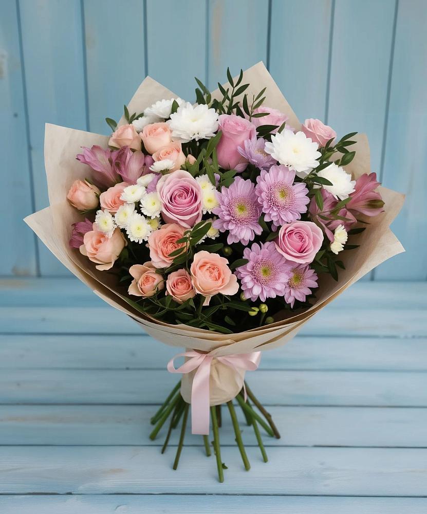 Букет цветов из: Хризантемы, Розы и Альстромерии в Пряже