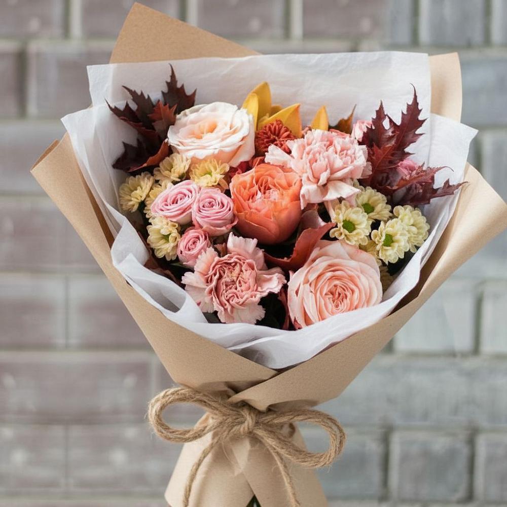 Букет цветов из: Гвоздики, Хризантемы и Розы в Пряже