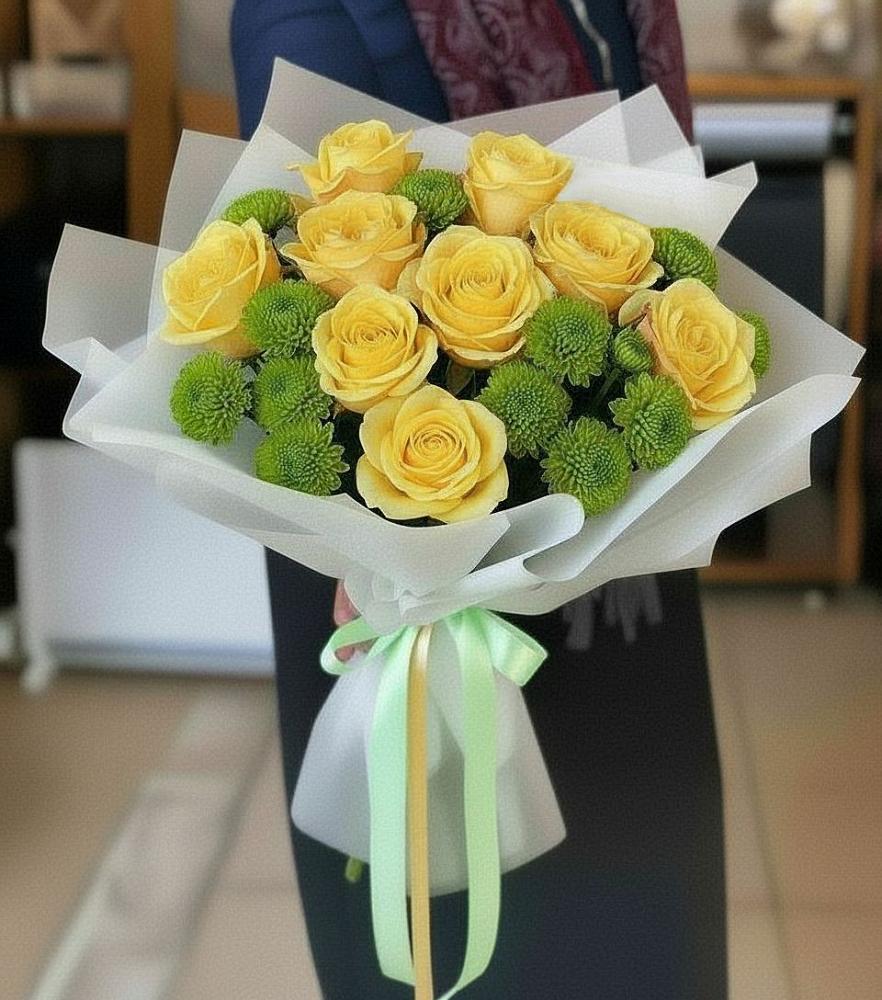 Букет цветов из: Хризантемы и Розы в Пряже