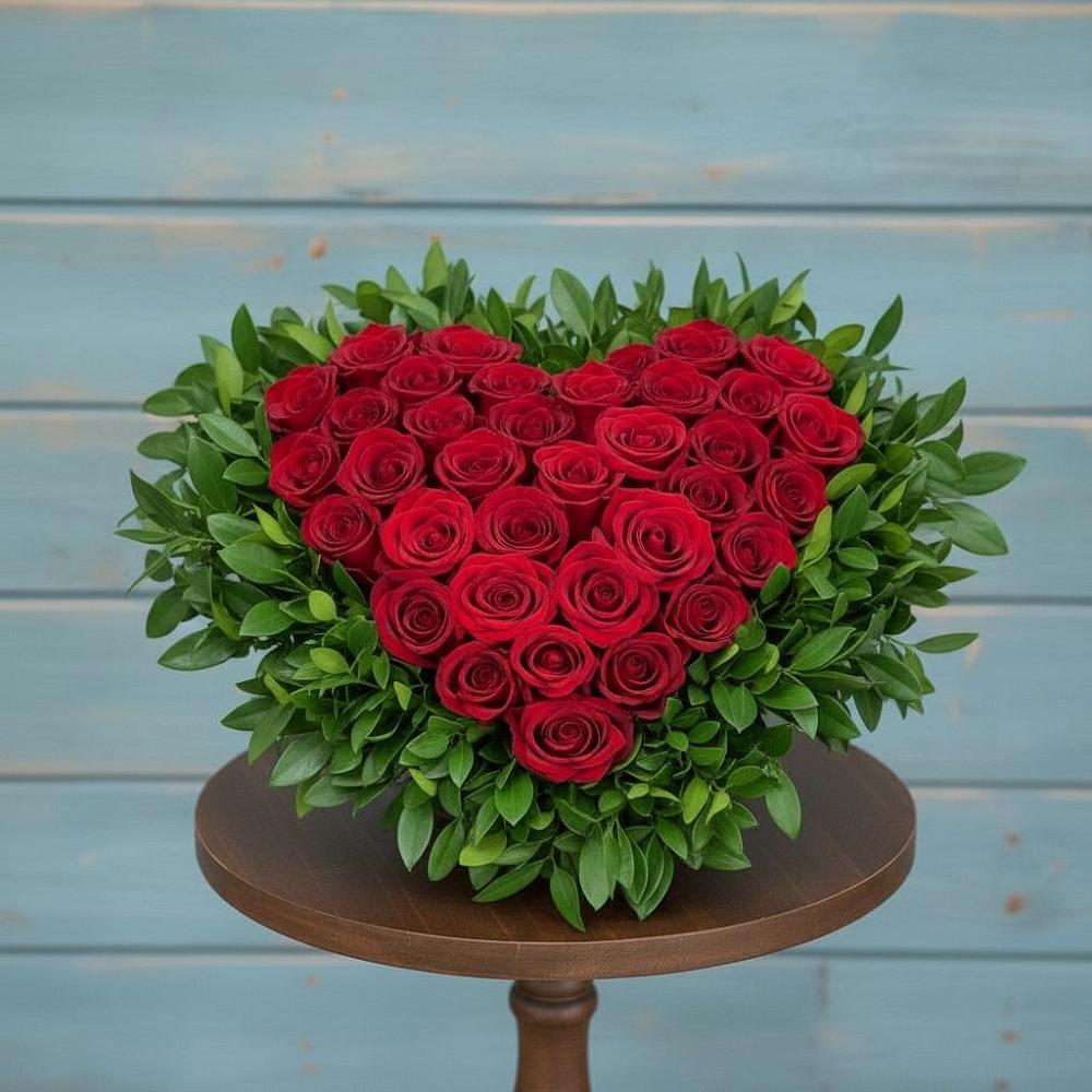 Цветочная композиция из Розы в виде сердца в Пряже