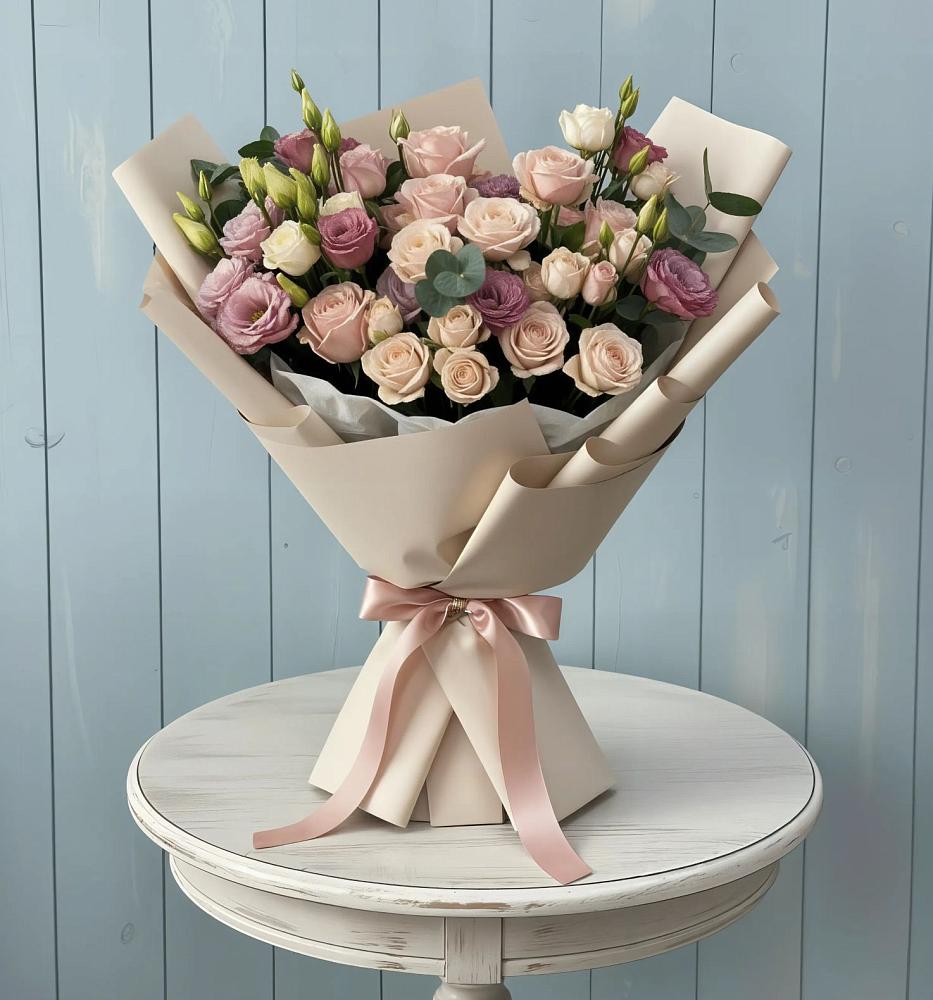 Букет цветов из: Розы и Лизиантусы в Пряже